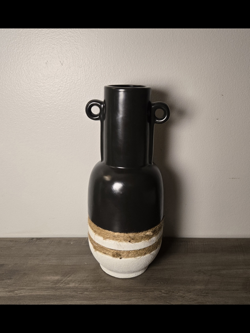 Black and White Textured Ceramic Vase with Rope Accent
